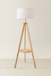 ValueLights Morrigan Natural Wood Tripod Floor Lamp with Fabric Drum Lamp Shade in White - thumbnail 3