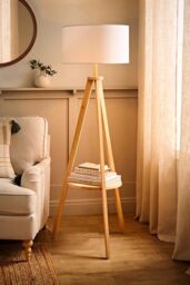 ValueLights Morrigan Natural Wood Tripod Floor Lamp with Fabric Drum Lamp Shade in White - thumbnail 2