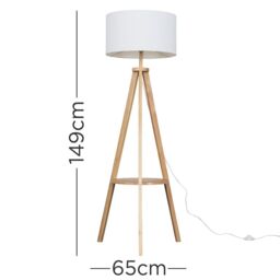 ValueLights Morrigan Natural Wood Tripod Floor Lamp with Fabric Drum Lamp Shade in White - thumbnail 8