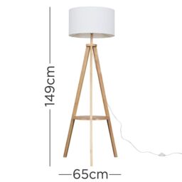 ValueLights Morrigan Natural Wood Tripod Floor Lamp with Fabric Drum Lamp Shade in White - thumbnail 7