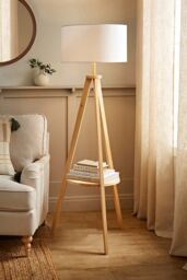ValueLights Morrigan Natural Wood Tripod Floor Lamp with Fabric Drum Lamp Shade in White - thumbnail 1