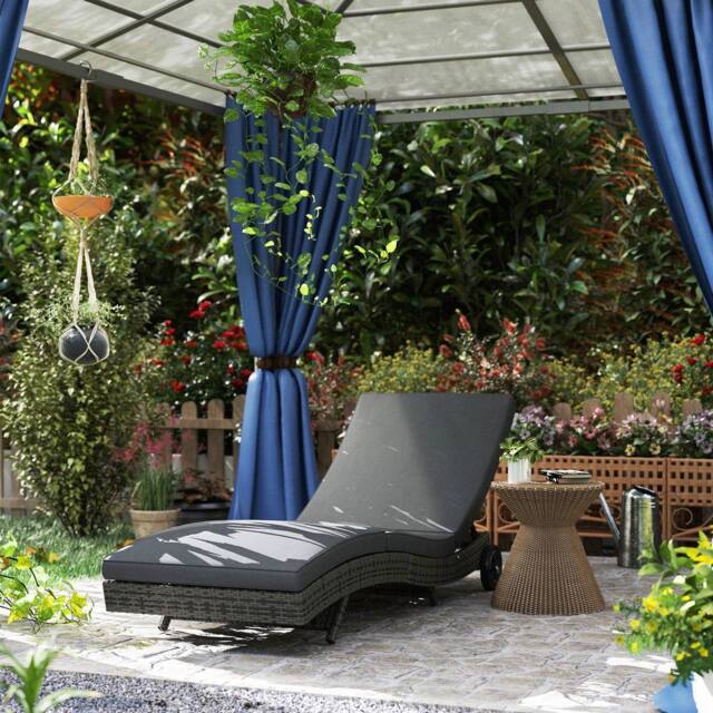 OUTSUNNY Outdoor Rattan Sun Lounger with Reclining Back, Wheels, Dark Grey
