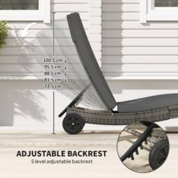 OUTSUNNY Outdoor Rattan Sun Lounger with Reclining Back, Wheels, Dark Grey - thumbnail 5