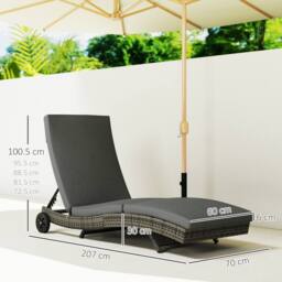 OUTSUNNY Outdoor Rattan Sun Lounger with Reclining Back, Wheels, Dark Grey - thumbnail 3
