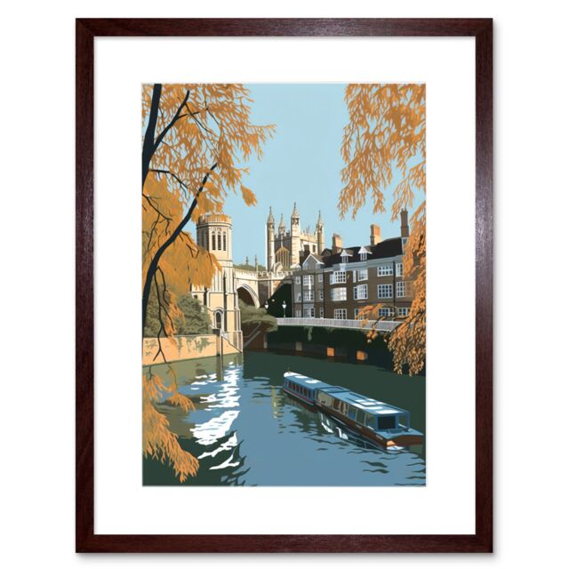 "Artery8 Wall Art Print River Cam & University Buildings of Cambridge Artwork Framed 9X7 Inch in Brown - Size: W7"" x H9""" - image 1