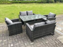 Fimous 6 Seater Outdoor Dark Grey Mixed High Back Rattan Sofa Dining Table Set Garden Furniture Arm Chairs Love Sofa - thumbnail 1
