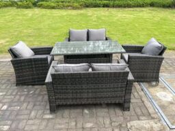 Fimous 6 Seater Outdoor Dark Grey Mixed High Back Rattan Sofa Dining Table Set Garden Furniture Arm Chairs Love Sofa - thumbnail 2