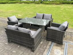 Fimous 6 Seater Outdoor Dark Grey Mixed High Back Rattan Sofa Dining Table Set Garden Furniture Arm Chairs Love Sofa - thumbnail 3