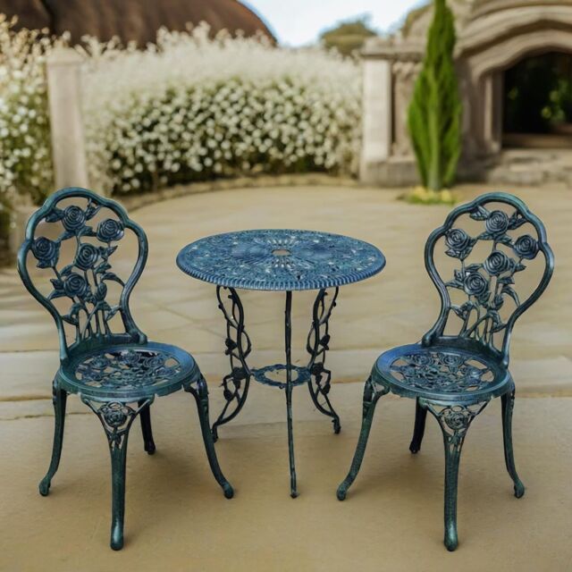 FURNOS Set of 3 Cast Iron Rose Floral Bistro Table & Chair Green - image 1