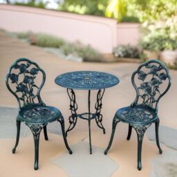 FURNOS Set of 3 Cast Iron Rose Floral Bistro Table & Chair Green - thumbnail 2