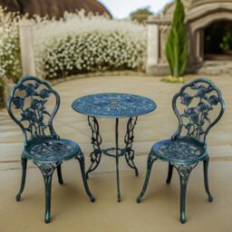 FURNOS Set of 3 Cast Iron Rose Floral Bistro Table & Chair Green - thumbnail 1