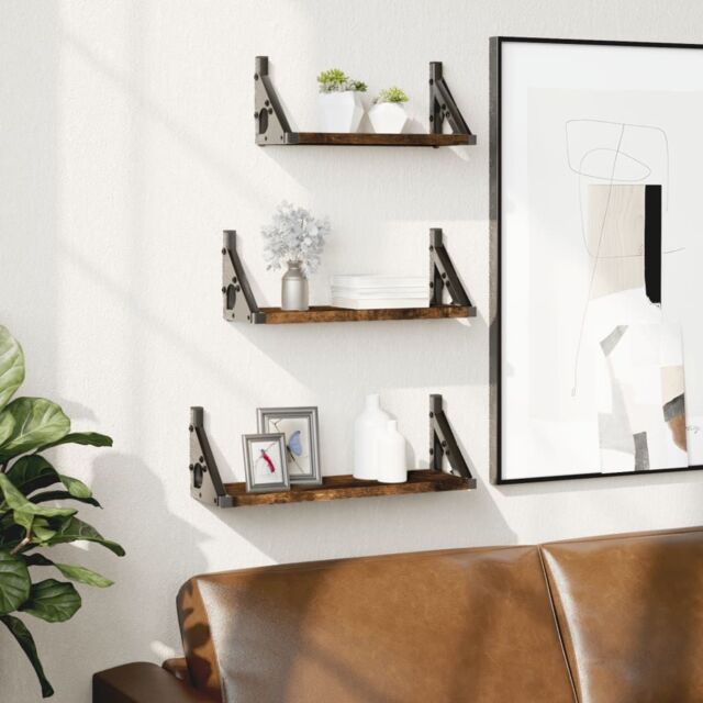 Berkfield Home 3 Piece Wall Shelf Set Smoked Oak Engineered Wood in Brown - image 1