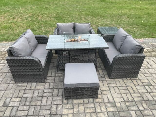 Fimous Rattan Outdoor Garden Furniture Sofa Set Gas Fire Pit Dining Table Gas Heater with Side Table Love Sofa Big Footstool in Dark Grey - image 1