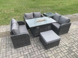 Fimous Rattan Outdoor Garden Furniture Sofa Set Gas Fire Pit Dining Table Gas Heater with Side Table Love Sofa Big Footstool in Dark Grey - thumbnail 3
