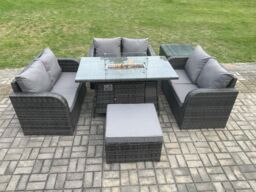 Fimous Rattan Outdoor Garden Furniture Sofa Set Gas Fire Pit Dining Table Gas Heater with Side Table Love Sofa Big Footstool in Dark Grey - thumbnail 1