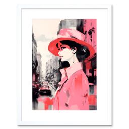"Artery8 Wall Art Print Cityscape with Woman in Vintage Pink Fashion Artwork Framed 9X7 Inch in White - Size: W7"" x H9""" - thumbnail 1