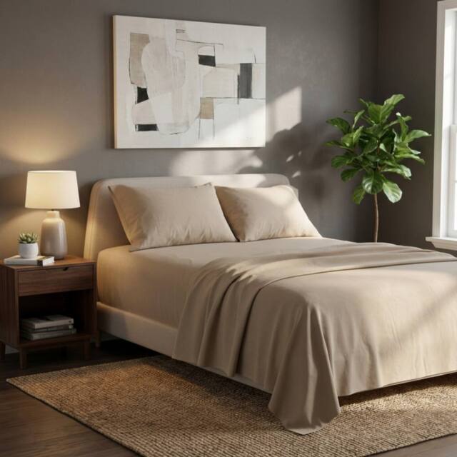 Snug City Soft Plain Brushed Cotton Fitted Flat Sheet Matching Pillowcases Set in Beige - Size: Double - image 1