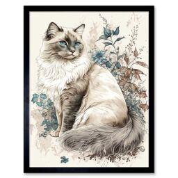 "Artery8 Wall Art Print Blue Point Ragdoll Cat with Flowers Watercolour Art Framed in Black - Size: W12"" x H16""" - thumbnail 1