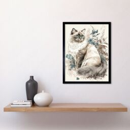 "Artery8 Wall Art Print Blue Point Ragdoll Cat with Flowers Watercolour Art Framed in Black - Size: W12"" x H16""" - thumbnail 2