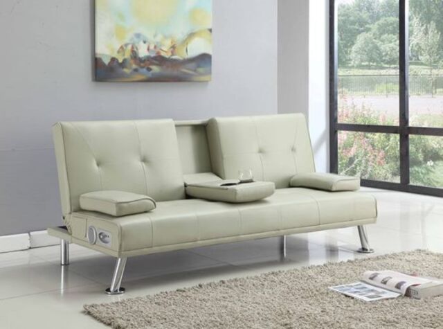 Comfy Living Ltd Faux Leather Italian Style Luxury Sofa Bed with Bluetooth Speakers in Cream - image 1