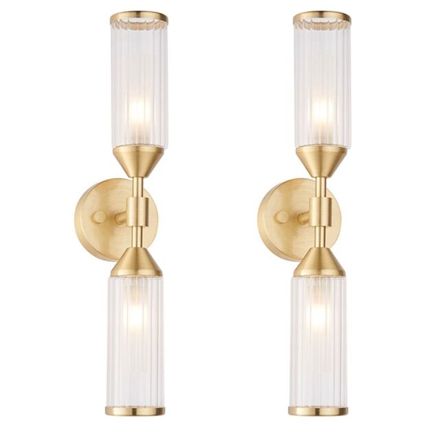 Loops 2 PACK Satin Brass Twin Wall Light & Ribbed Glass Shades Frosted Glass Defusers in Clear - image 1
