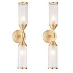 Loops 2 PACK Satin Brass Twin Wall Light & Ribbed Glass Shades Frosted Glass Defusers in Clear