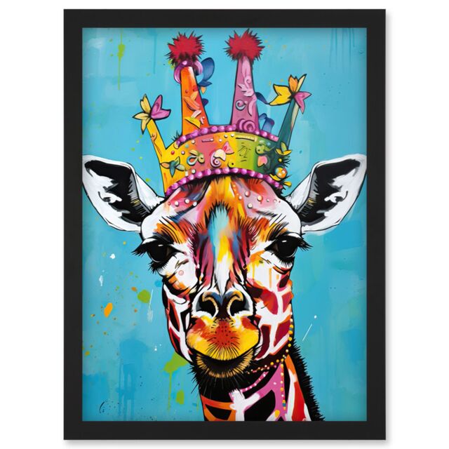 Artery8 Giraffe Wearing Princess Crown Modern Folk Art Artwork Framed Wall Art Print A4 in Black - image 1