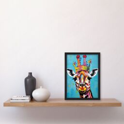 Artery8 Giraffe Wearing Princess Crown Modern Folk Art Artwork Framed Wall Art Print A4 in Black - thumbnail 2