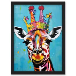 Artery8 Giraffe Wearing Princess Crown Modern Folk Art Artwork Framed Wall Art Print A4 in Black - thumbnail 1