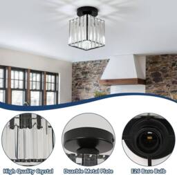 Goeco Square Crystal Semi Flush Mount Ceiling Light, E27 in Black - thumbnail 7