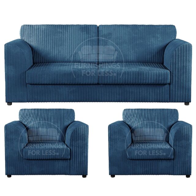 Furnishings For Less UK Luxor Jumbo Cord 3 + 1 + 1 Fabric 3 Piece Sofa Suite - Fullback in Blue - image 1