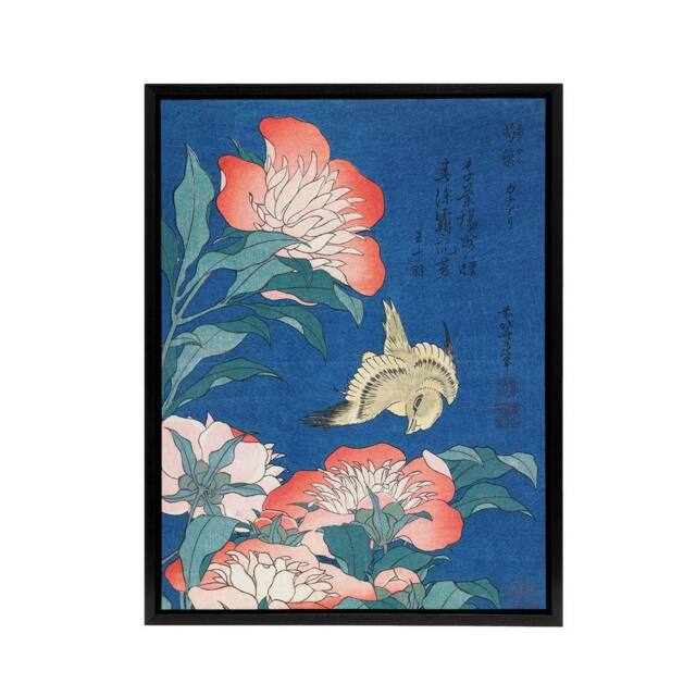 "Artery8 Canary & Peony Flowers Framed Canvas Wall Art Print Katsushika Hokusai in Blue - Size: W12"" x H16""" - image 1