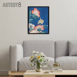 "Artery8 Canary & Peony Flowers Framed Canvas Wall Art Print Katsushika Hokusai in Blue - Size: W12"" x H16""" - thumbnail 3