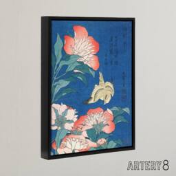 "Artery8 Canary & Peony Flowers Framed Canvas Wall Art Print Katsushika Hokusai in Blue - Size: W12"" x H16""" - thumbnail 2