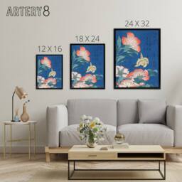"Artery8 Canary & Peony Flowers Framed Canvas Wall Art Print Katsushika Hokusai in Blue - Size: W12"" x H16""" - thumbnail 4