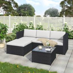BTM Garden Rattan Corner Sofa Set, Grey, Patio Lounge Furniture in Black - thumbnail 4