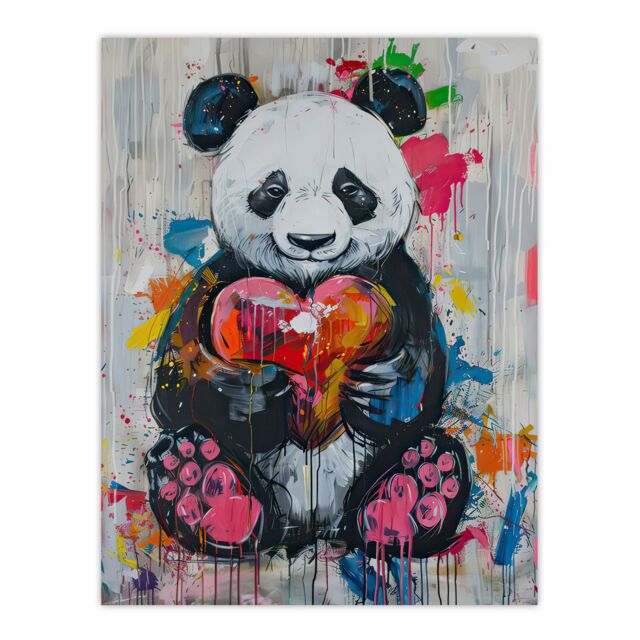 "Artery8 Cute Panda with Loveheart Street Art Graffiti Pop Wall Art Print in Grey - Size: W24"" x H32""" - image 1