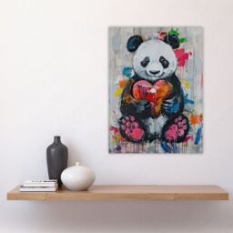 "Artery8 Cute Panda with Loveheart Street Art Graffiti Pop Wall Art Print in Grey - Size: W24"" x H32""" - thumbnail 4