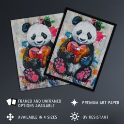 "Artery8 Cute Panda with Loveheart Street Art Graffiti Pop Wall Art Print in Grey - Size: W24"" x H32""" - thumbnail 2
