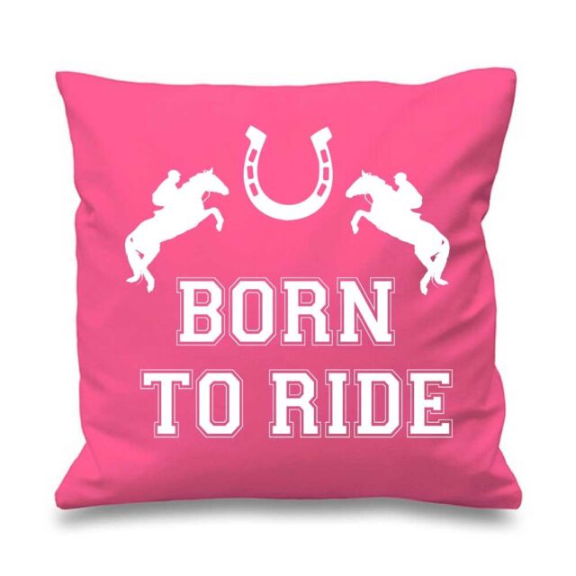 "60 SECOND MAKEOVER Pink Cushion Cover Born To Ride 16"" x 16"" Daughter Friend Gift Decorative Cushion Home Horse Equestrian - Size: 40 cm x 40 cm"