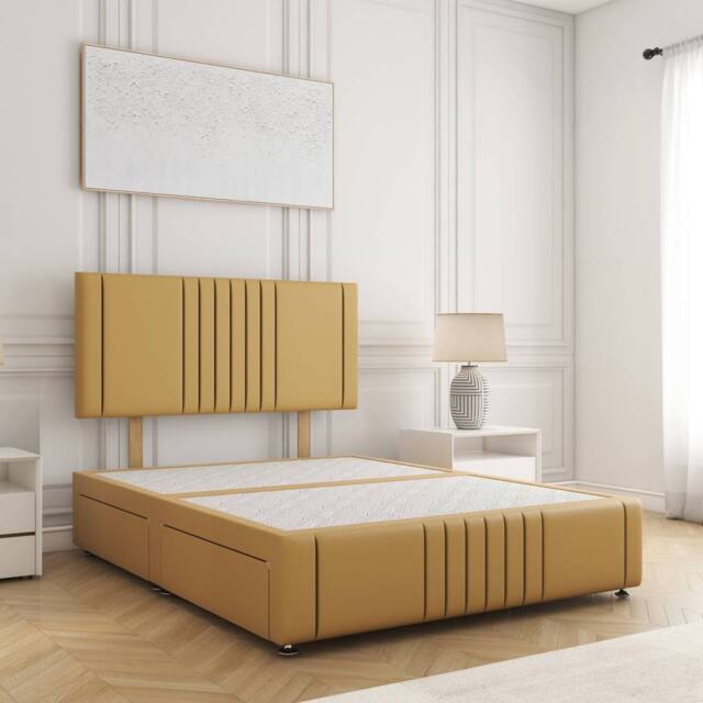 BSSPOKE Hazel Divan Bed Plush Velvet Headboard 2Drawers Same Side No Mattress in Mustard - Size: Double - image 1