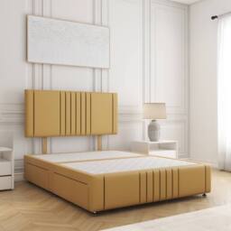 BSSPOKE Hazel Divan Bed Plush Velvet Headboard 2Drawers Same Side No Mattress in Mustard - Size: Double