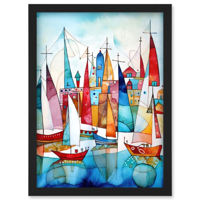 Artery8 Harbour Boats Abstract Folk Art Watercolour Painting Artwork Framed Wall Art Print A4 in Black - image 1