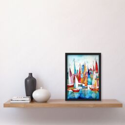Artery8 Harbour Boats Abstract Folk Art Watercolour Painting Artwork Framed Wall Art Print A4 in Black - thumbnail 2