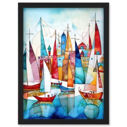 Artery8 Harbour Boats Abstract Folk Art Watercolour Painting Artwork Framed Wall Art Print A4 in Black - thumbnail 1