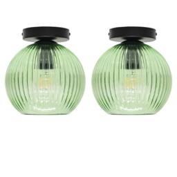 First Choice Lighting Set of 2 Betchley - Green Ribbed Glass Globe Black Ceiling Lights