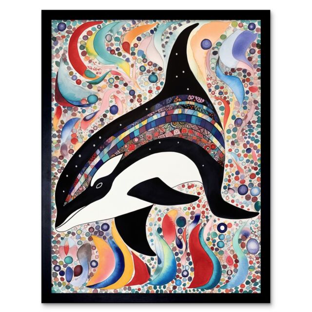 "Artery8 Wall Art Print Modern Folk Art Pattern Orca Whale Art Framed in Black - Size: W12"" x H16""" - image 1