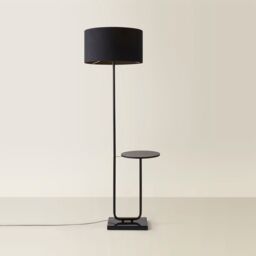 ValueLights Tavel Matte Black Marble Base Floor Lamp With Table & Large Black Shade - thumbnail 6