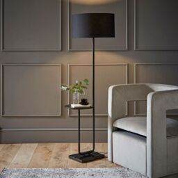 ValueLights Tavel Matte Black Marble Base Floor Lamp With Table & Large Black Shade