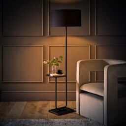 ValueLights Tavel Matte Black Marble Base Floor Lamp With Table & Large Black Shade - thumbnail 5